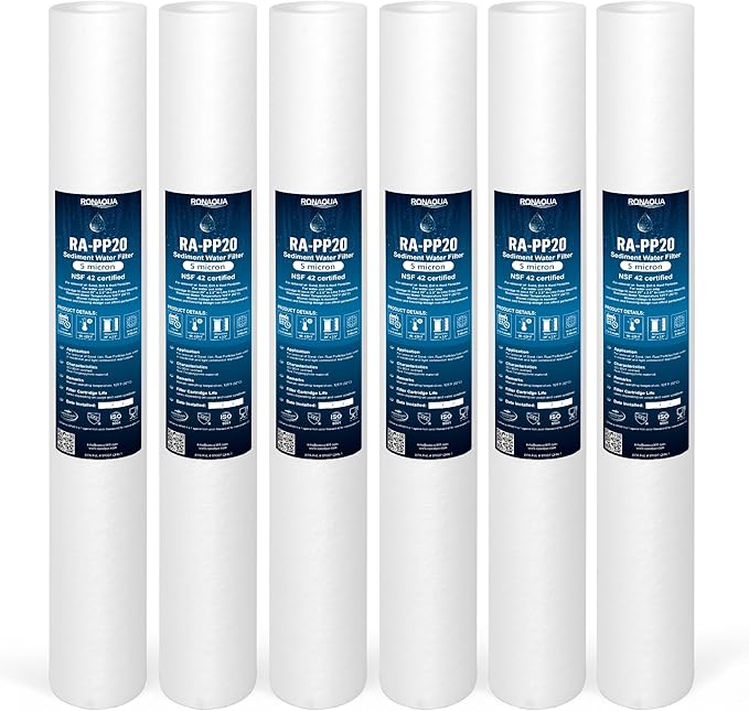 Ronaqua 5 Micron Standard 20" x 2.5" Sediment Water Filter Cartridge, NSF Certified, 4-Layer Filtration for 20” x 2.5” Whole House Systems, Compatible with FPMB5-20, SDC-25-2005/4, VX05-20, 6 Pack