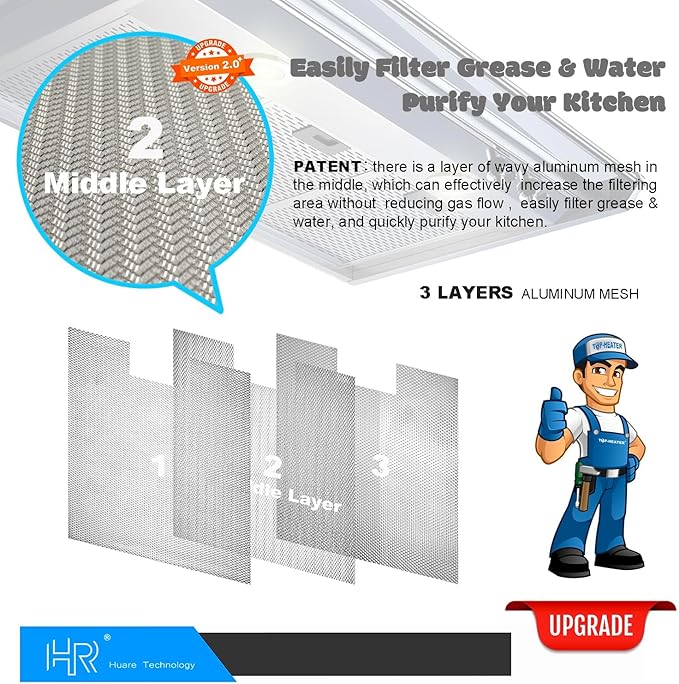 W10915369 Range Hood Filter Replacement, Compatible with Whirlpool,Kitchen Aid, Jenn Air, 3-Layer Aluminum Mesh Grease Filter 8.75X7.5Inch, Huare Aluminum Range Hood Vent Filters, 2Pcs - AquaVibe