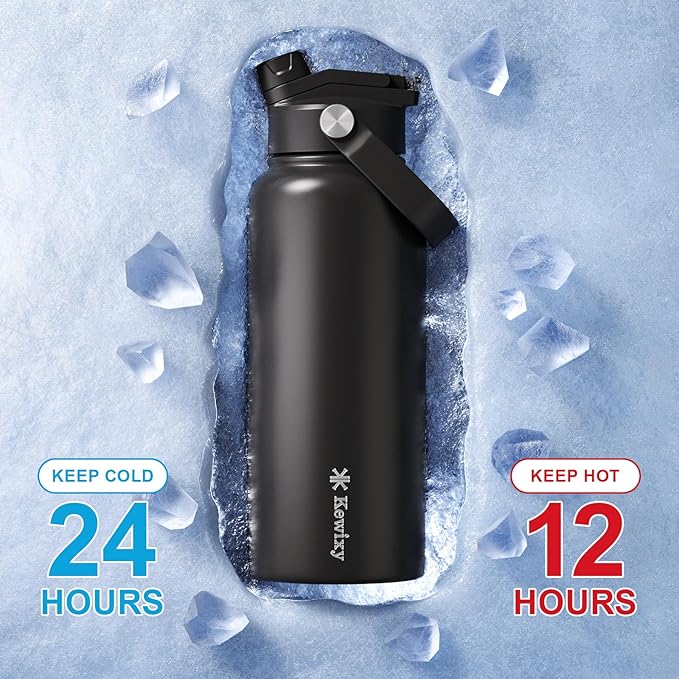 KEWIXY 32 oz Insulated Water Bottle, 2-in-1 Lid, Straw & Spout with Protected, Leak Proof, Keep Cold, Stainless Steel, Metal, Reusable, Handle, for Outdoor, Gym and School, 2 Lids, Midnight Black