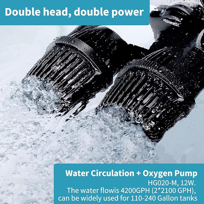 hygger 4200GPH Double Head Aquarium Circulation Pump, Quiet 12W Aquarium Wave Maker, with Strong Magnetic Suction Base, 360°Adjustable Power Head, for 110~240 Gal Tank - AquaVibe