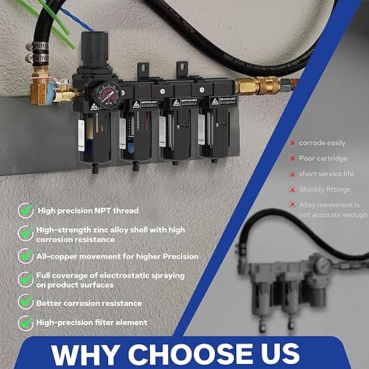 1/2 Inch NPT 4 Stage Air Drying System,Brass Filter&Coalescing Filter,Double Desiccant Dryers & Air Regulator,Metal Bowl, Semi-Auto Drain,Industrial Grade(Black) - AquaVibe