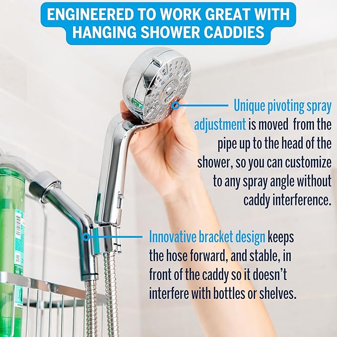 Waterpik Caddy Buddy Pivoting Hand Held Shower Head With 5-Foot Hose, 5-Mode with High Pressure Sprays, Brushed Nickel, PHO-559ME