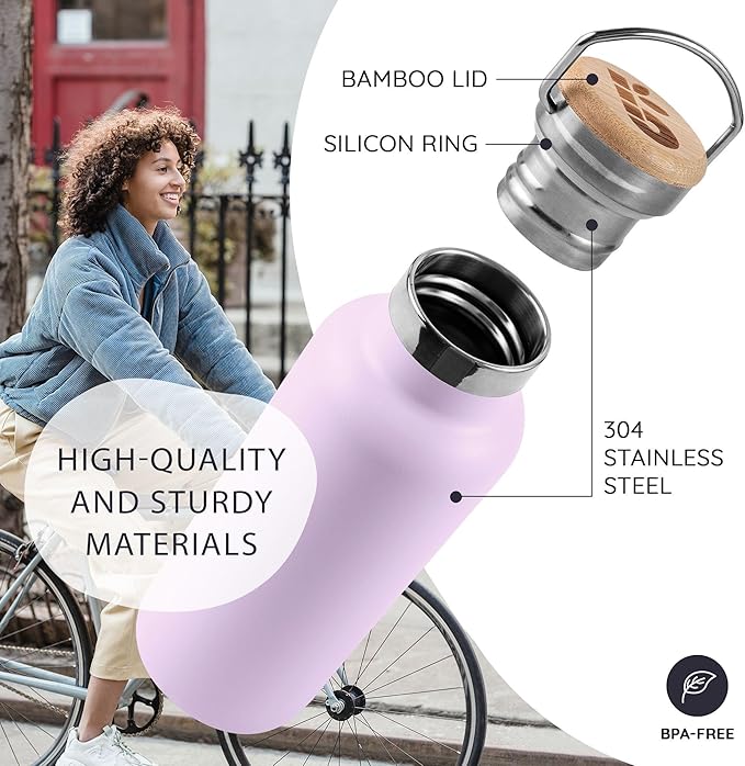 Bambaw Metal Water Bottle 24 oz, Insulated Stainless Steel Water Bottle for Hot & Cold Drinks, Made of High-Grade Stainless Steel, Rust-Resistant & Easy to Clean (Lavender Haze)