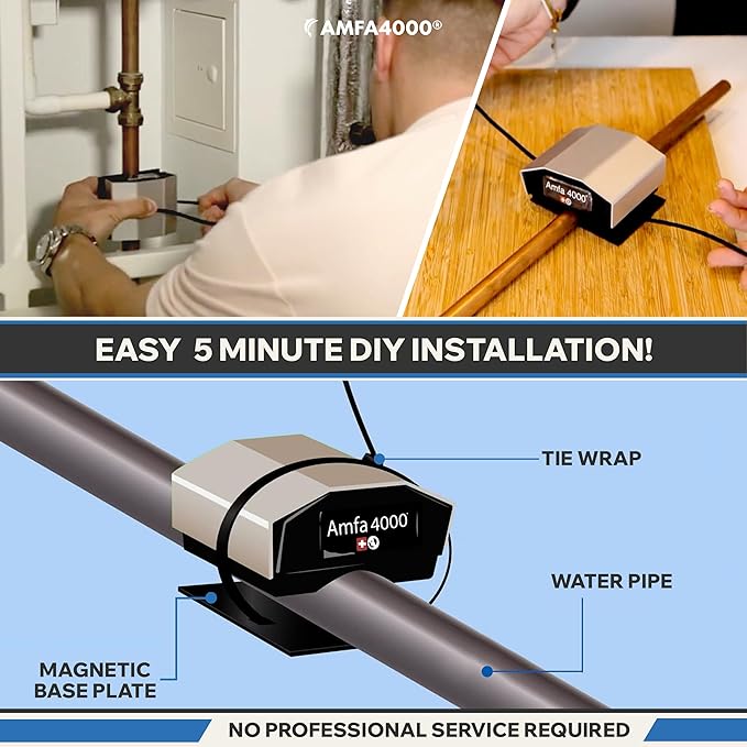 Amfa4000® Magnetic Salt-Free Whole House Water Softener System - 20000 G 5Fz, Hard Water Descaler, Compact Water Softener, Hard Water Conditioner for Whole House