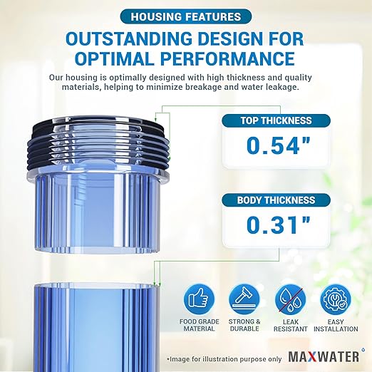 Max Water Whole House 20" x4.5" Purple Clear WH Water Filter Housing 1 inch Inlet/Outlet Ports with Pressure Gauge Wrench and Bracket (2 Housing + 2 Pressure Gauge)