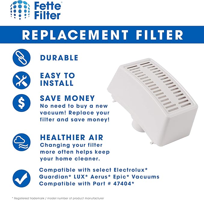 Fette Filter - HEPA Vacuum Air Filter Compatible with Electrolux Guardian LUX Aerus Epic 8000 9000 C134A C134B C134C C134D C134E C134F C154A C154B C154C C154D. Compare to Part # 47404 - Pack of 2 - AquaVibe