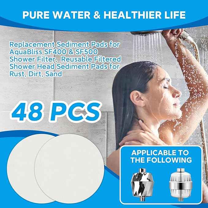 Replacement Sediment Pads for AquaBliss SF400 & SF500 Shower Filter, 48-Pack 1-Year Supply, Reusable Filtered Shower Head Sediment Pads for Rust, Dirt, Sand