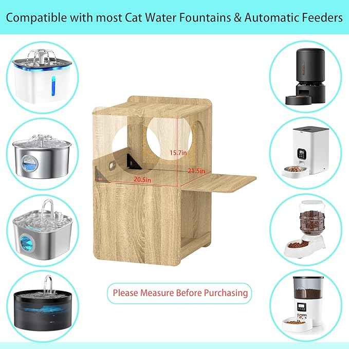 GDLF Cat Feeding Station for Water Fountain & Food, Elevated Cat Feeding Table with Spill-Proof Mat, Window Perch and Storage