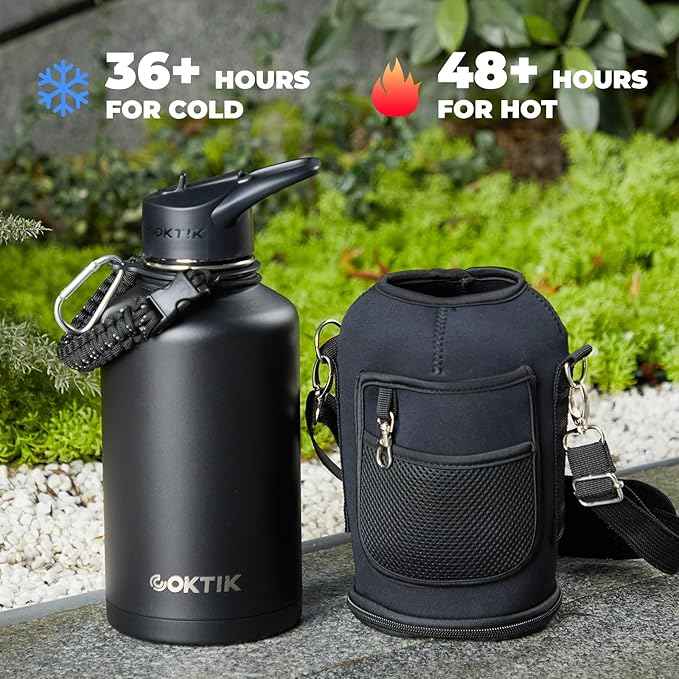 Half Gallon Insulated Water Bottle, 64 oz Triple Wall Stainless Steel Flask, Keeps Drinks Cold for 48 Hrs Leak-Proof & BPA-Free Half Gallon Jug with Paracord Handle, Straw & Spout Lids(2 pack,Black)