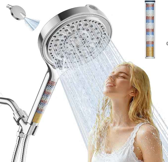 6 Inch Filtered Shower Head, 6 Spray Modes High Pressure Handheld Shower Head with Filter for Hard Water, Detachable Water Softener Showerhead with Hose, Chrome