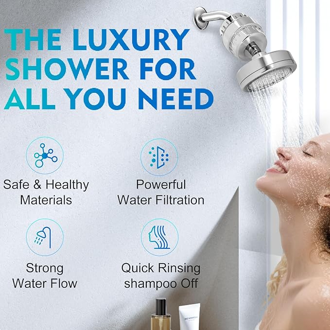 Filtered Shower Head with 5 Cartridges Vitamin C+E+A for Healthy Skin & Hair, Removes Chlorine, Heavy Metals & Harmful Substances, Water Softene