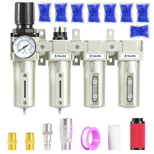 TAILONZ PNEUMATIC 0-240PSI 1/2 Inch NPT Industrial Grade 4 Stage Air Drying System, Particulate Filter, Coalescing Filter, Double Desiccant Dryer and Air Regulator (Manual Drainage) - AquaVibe
