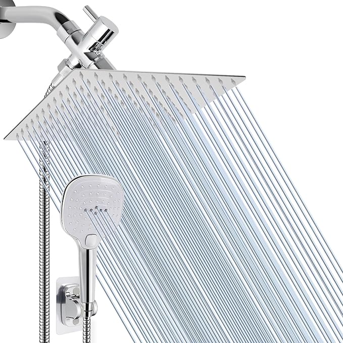 NearMoon Shower Head with Hose, High Pressure Stainless Steel Rain Shower and 3 Settings Handheld Spray Combo with Push Button Flow Control (12 Inch, Chrome Finish) - AquaVibe