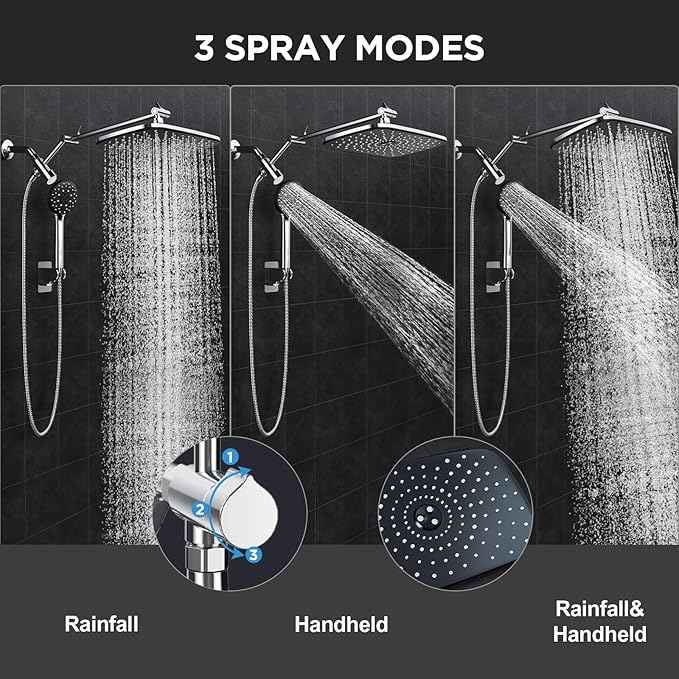 Veken 11.8" Rain Shower Head with Handheld, High Pressure Handheld Shower with Multi Spray Modes, Rainfall Combo with Metal Extension Arm, Detachable Dual Showerhead, Bathroom Decor, Chrome Silver