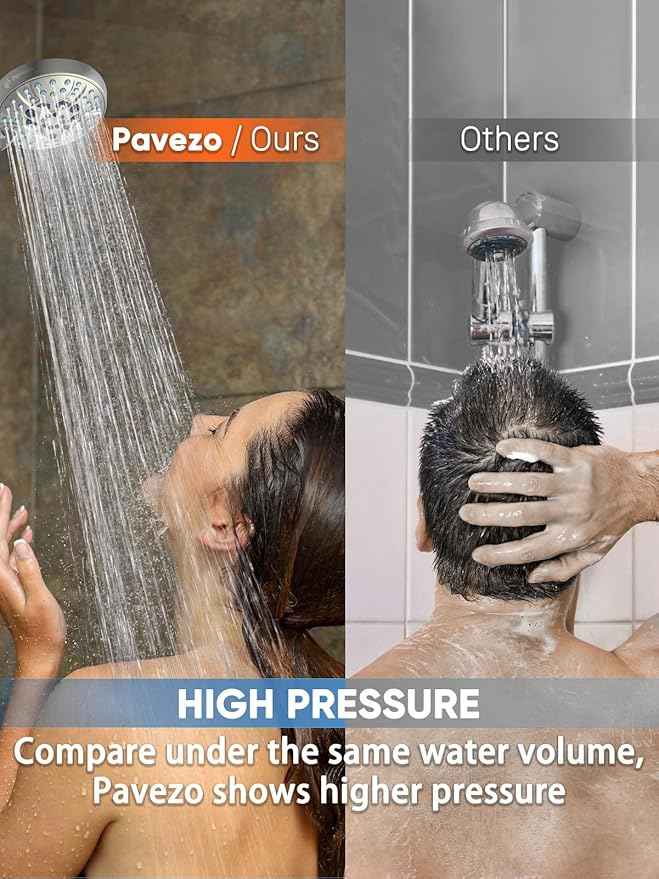 Pavezo® High Pressure Handheld Shower Head with Filter, ON/OFF Switch Pause Button, 10-mode Shower Head with Hard Water Softener Filters, SS Hose, Anti-clog & Powerful Clean Tile & Pet, Brushed Nickel