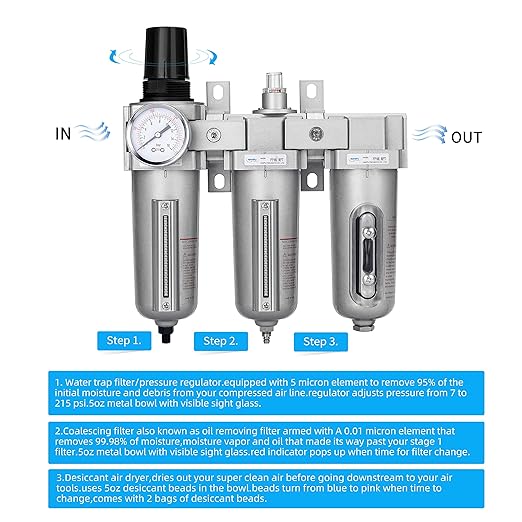 NANPU 3/4" NPT Industrial Grade 3 Stage Air Drying System - Particulate Filter, Coalescing Filter, Desiccant Dryer & Air Regulator, Metal Bowl, Auto Drain, Suitable for Paint Spray＆ Plasma Cutter - AquaVibe