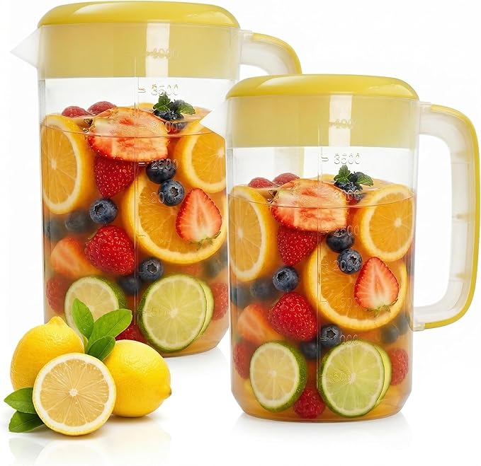 Jucoan 2 Pack 1 Gallon Plastic Water Pitcher with Lid, Large Gallon Water Jug, Juice and Iced Tea Beverage Carafe with Filter Lid, Handle, Scale for Fridge, Party