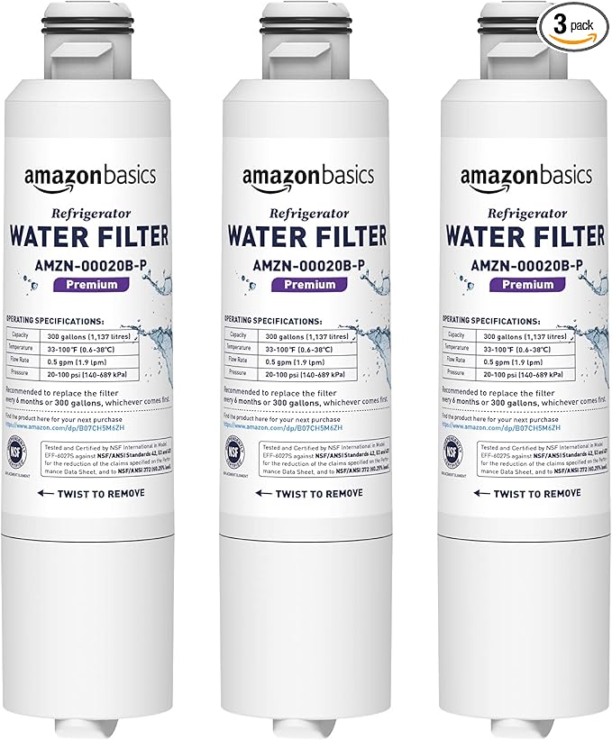 Amazon Basics Replacement Samsung DA29-00020B Refrigerator Water Filter Cartridge - Pack of 3, Premium Filtration, Easy to Install