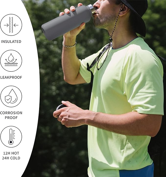 Bambaw Stainless Steel Water Bottle, 32 oz Water Bottles Insulated, For Sport, Work and School, Keeps Drinks Cold 24h & Hot 12h, Easy to Carry & Great for Travel (Stormy Gray)