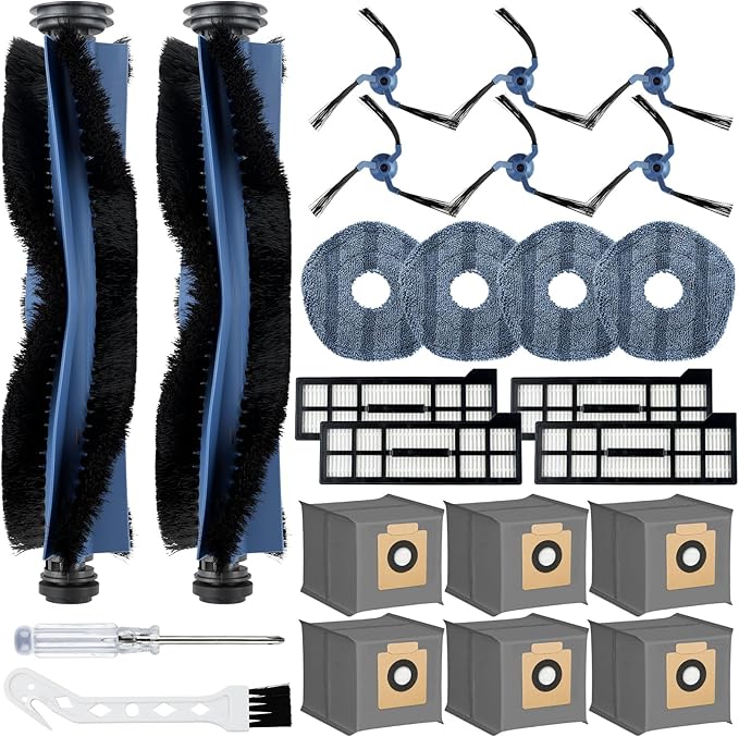 24 Pack X10 Pro Omni Replacement Accessories Kit for Eufy X10 Pro Omni Robot Vacuum Cleaner, 2 Main Brushes 4 Hepa Filter 4 Mop Pads 6 Dust Bags 6 Side Brushes 1 Screwdriver 1 Cleaning Brush - AquaVibe