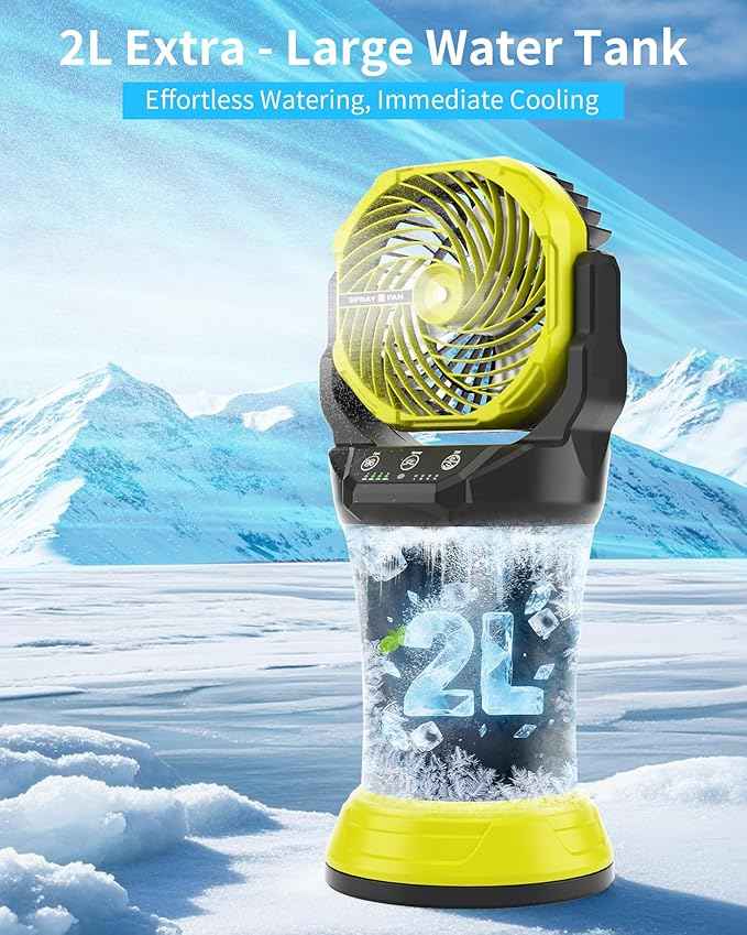 AVV Portable Misting Fan with RGB Ambient Light- 2L Water Tank, 4 Speeds & Spray Mist Fan, 30000mAh Rechargeable Misting Fans for Outdoor/Indoor Fans for Camping, Patio, Garden, Black-Green