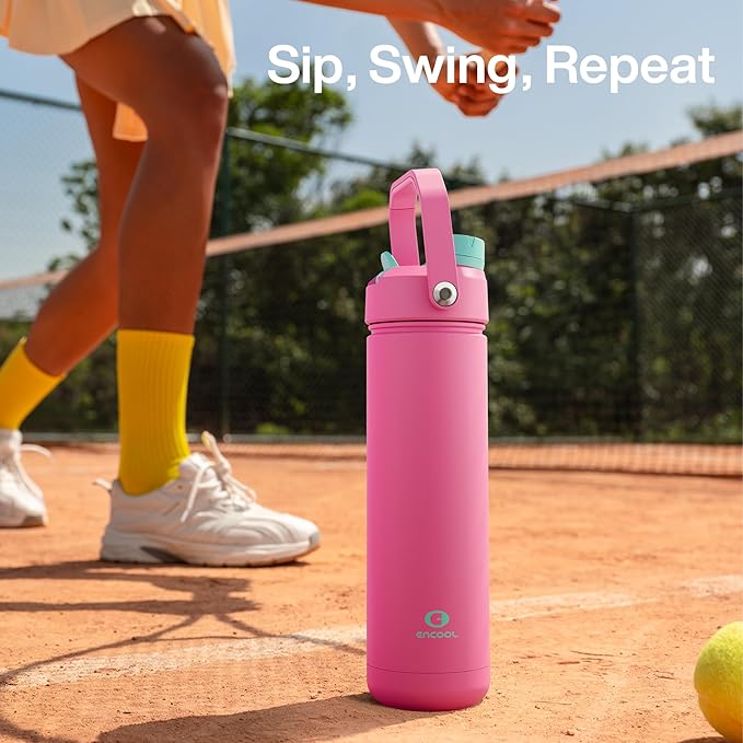 ENCOOL Insulated Water Bottle with Straw Stainless Steel Water Bottle, Leak-Proof, BPA-Free, Double Wall Vacuum Keeps Cold for 24 Hours for Sports, Travel, School (18 oz, Knockout Pink)