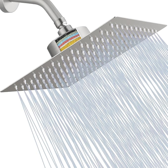 Filtered Shower Head, Stainless Steel High Flow Rainfall Showerhead with 15 Stage Hard Water Filter Cartridge for Remove Chlorine and Harmful Substances(Brushed Nickel,10")