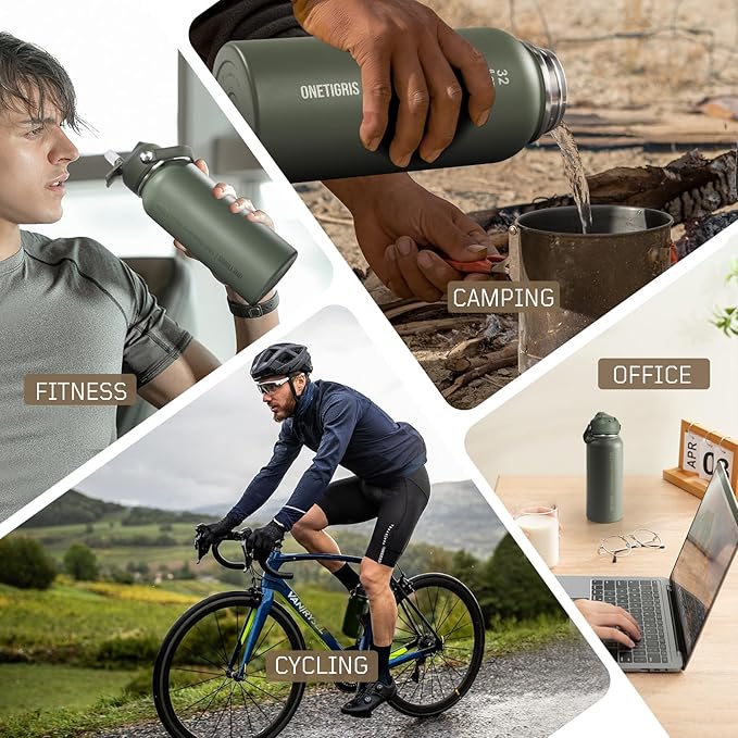 ONETIGRIS 32 oz Insulated Water Bottle with Straw - Tactical Stainless Steel Water Jug, Leakproof Thermos Wide Mouth Sport bottle with 3 Lids and Sleeve for Travel, Gym, Camping, Hiking