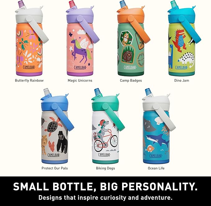 CamelBak Thrive Flip Straw Kids Bite Valve Stainless Steel Water Bottle Dino Jam, 12oz