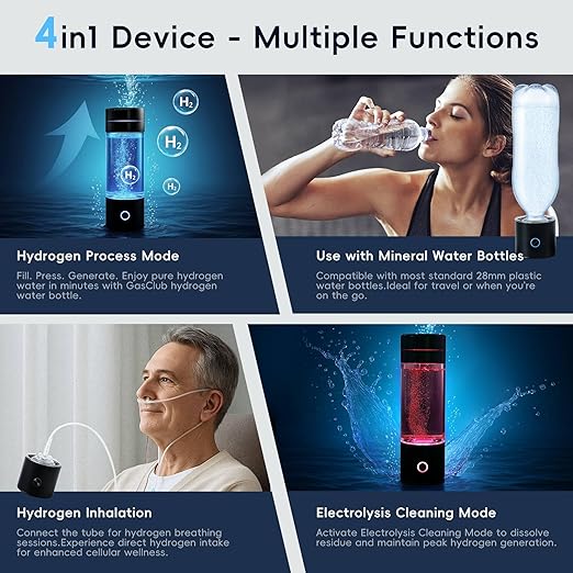 Hydrogen Water Bottle Generator, 4-in-1, 3000 PPB Portable Hydrogen Water Machine with SPE/PEM Technology, Rechargeable Hydrogen Water Ionizer Machine for Home, Office & Travel