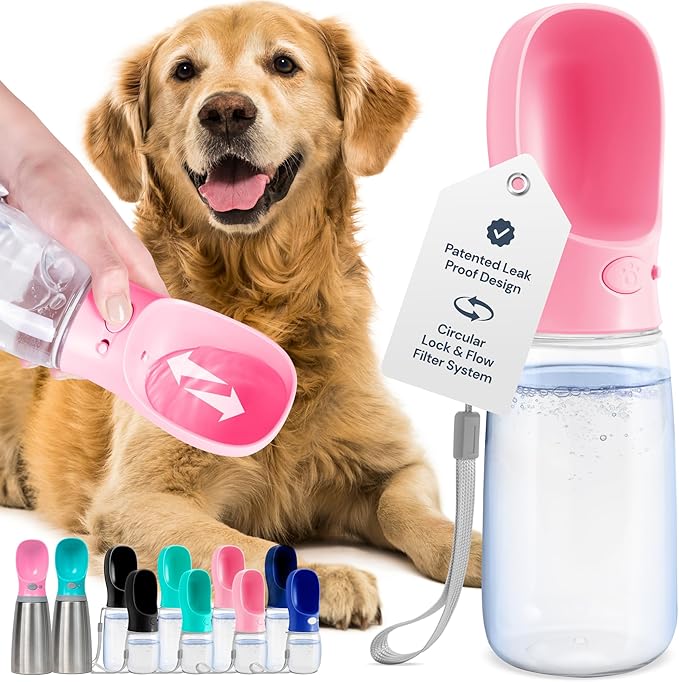 MalsiPree Leak-Proof Portable Dog Water Bottle for Travel - 19 oz, with Pink Bowl - Food Grade Plastic - Dog Bowls - Puppy Essentials - Pet Water Bottle - AquaVibe