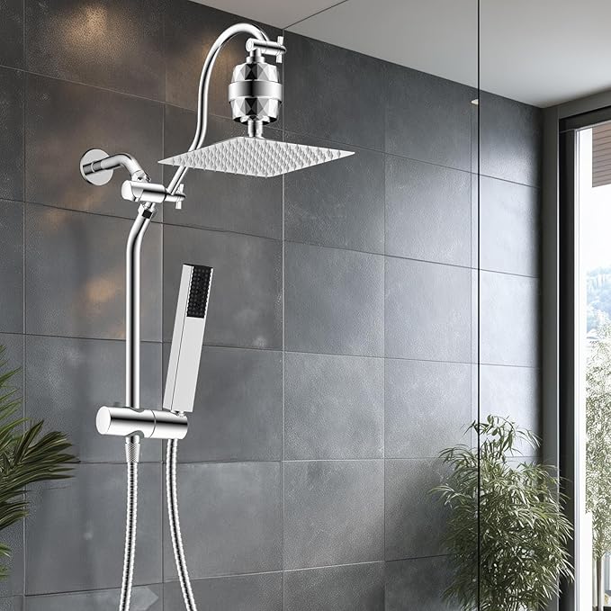 Hibbent All Metal 10'' Filtered Rainfall Shower Head, High Pressure Showerhead combo with 4-mode Handheld Spray, 12'' Extension Arm, Extension Bar with Holder, Shower Filter, Chrome