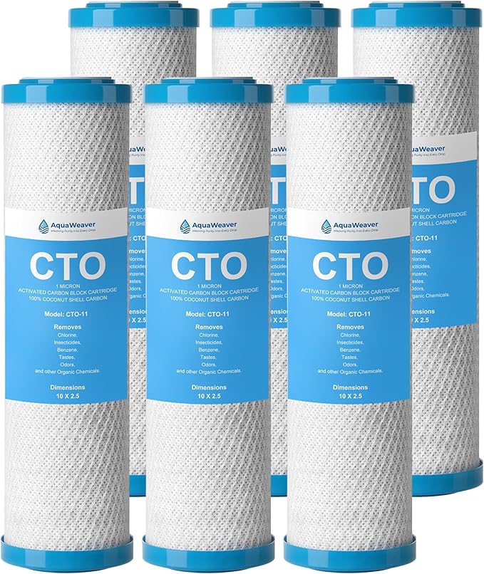 1 Micron 10" x 2.5" Whole House CTO Carbon Sediment Water Filter Cartridge, Compatible with DuPont WFPFC8002, GE FXWTC, Culligan D-10A, Pentek CBC-10 & More, 6-Pack