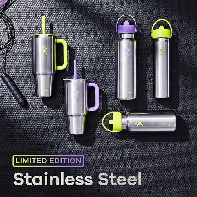 Hydro Flask Water Bottle - Insulated Stainless Steel - Wide Mouth Flex Straw Lid, Non Spill, Leakproof and Refillable in 32 Oz Stainless Steel Violet