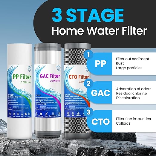 Whole House Water Filter System, 3-Stage Home Water Filtration System, Extra 2 Sets of Filters, 1.5-2 Years Filter Life, Reduce Chlorine Sediment Taste, 3/4" Ports with 2 Valves, for Well & City Water