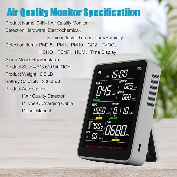XOOPON 13-in-1 Indoor Air Quality Monitor with PM1.0/2.5/10, CO2, HCHO, TVOC, Temp, Humidity & Time, 4 Alarm Modes, Portable Air Quality Tester for Home, Office, Car, Wall-Mount or Desktop Use