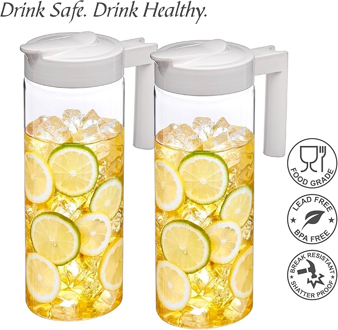 Amazing Abby - Skinny - 2-Pack Tritan Pitcher (64 oz), Unbreakable Plastic Water Pitcher with Lid, BPA-Free, Heat-Resistant, Dishwasher-Safe, Great for Both Iced and Hot Drinks, White