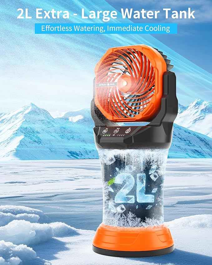 AVV Portable Misting Fan with RGB Ambient Light- 2L Water Tank, 4 Speeds & Spray Mist Fan, 30000mAh Rechargeable Misting Fans for Outdoor/Indoor Fans for Camping, Patio, Garden, Black-Orange