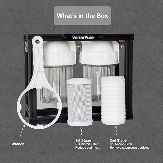 S2 Mini External 2-Stage RV Fresh Water Filter System, Compact, 5 Inch Filters, 3/4" GHT Stainless Steel Fittings, Reduce Sediment, Chlorine, Odor, All Aluminium Free-Standing Chassis, Clear