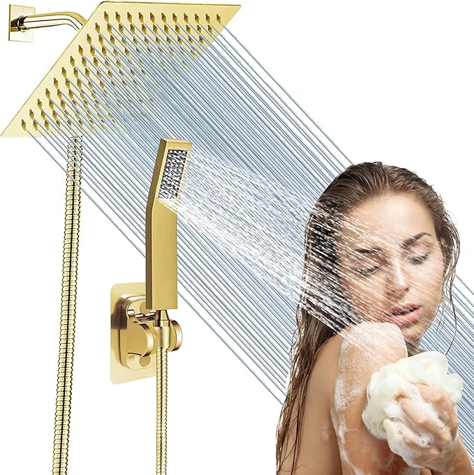 8"High Pressure Square Rain Shower Head and 2-in-1 Hand Shower.Equipped with 78"Hose, 3 Way Diverter Valve,Adhesive Shower Head Holder.(AWAXFOLO Square Shower Head Set gold)