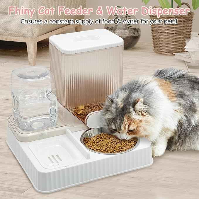 Fhiny Gravity Cat Feeder & Water Dispenser, 2 in 1 Automatic Puppy Waterer Removable Stainless Steel Food Bowls Set Self Feeding Pet Food Storage for Cat Kitten Puppy Easy Clean (White)