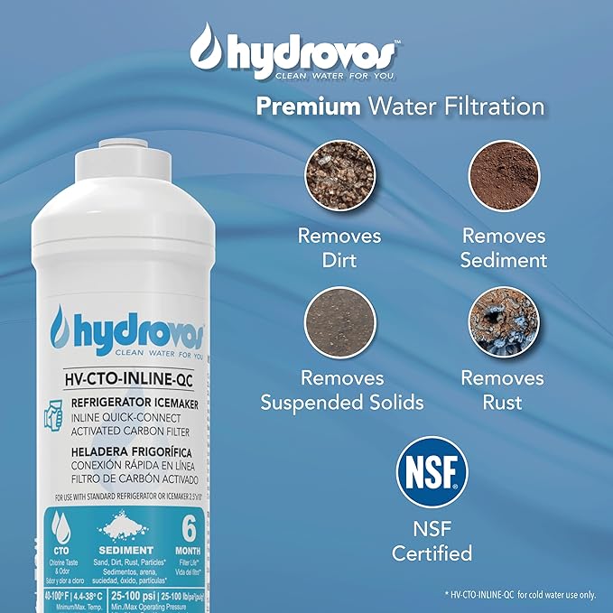 HYDROVOS Inline Water Filter for Refrigerator, Ice Maker, Reverse Osmosis System, 1/4" Push-In Quick Connect, 10" Carbon Water Filter Reduces Chlorine Taste & Odor for Drinking Water, RV Water Use