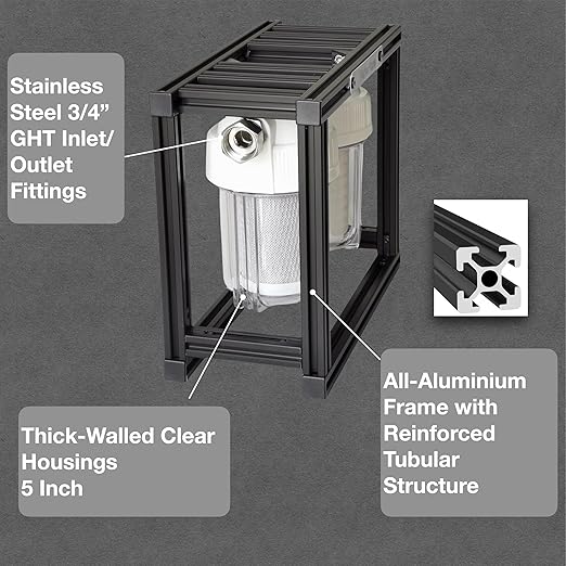 S2 Mini External 2-Stage RV Fresh Water Filter System, Compact, 5 Inch Filters, 3/4" GHT Stainless Steel Fittings, Reduce Sediment, Chlorine, Odor, All Aluminium Free-Standing Chassis, Clear