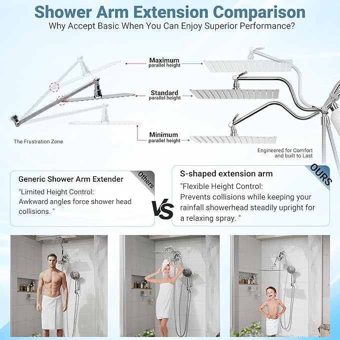 Filtered Shower Head with Handheld, 11.8" Rain Shower Head, High Pressure 10-Function Handheld Shower Head, with 13.6" Adjustable Shower Head Extension Arm, Shower Head Holder Adhesive (Chrome)