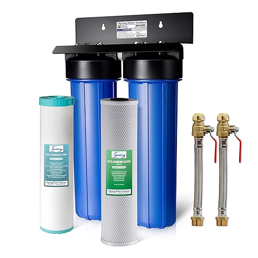 iSpring WGB22BM+AHPF12MNPT16X2 2-Stage Whole House Water Filtration System with 20” x 4.5” Carbon Block and Iron & Manganese Reducing Filters and 3/4