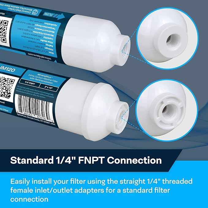 SpiroPure SP-IM120 Inline Alkaline Carbon Water Filter, MineralPlus Remineralization Filter with 1/4" FNPT 2” x 10”, Remineralizing for RO System, Refrigerators (25 Pack)