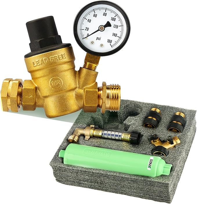 RV Water Pressure Regulator and Filter Kit All-in-One Lead-Free Fresh Water Kit, Complete Drinking Water Hookup Kit for RV, Camper, Trailer