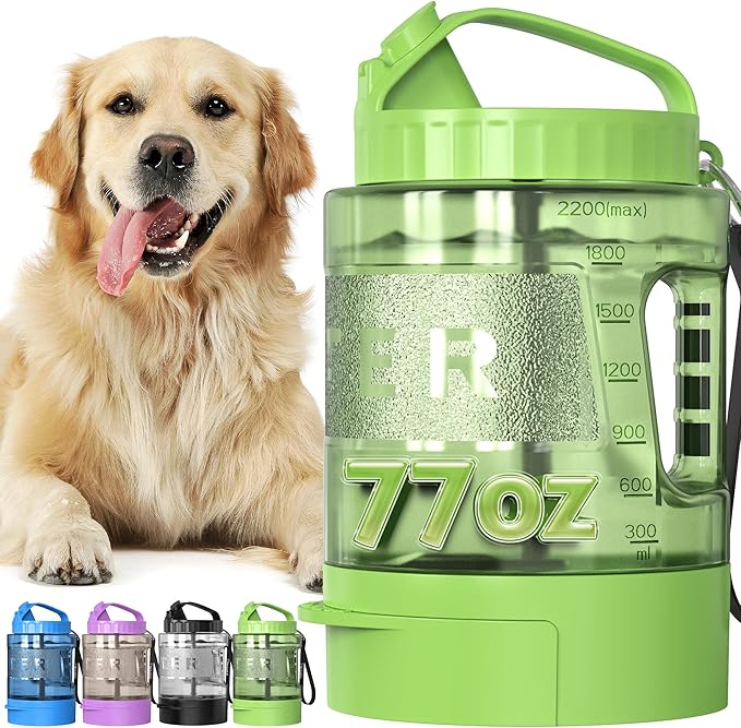Portable Dog Travel Water Bottle, 77oz Large Portable Dog Water Bowl Dispenser, Leakproof Pet Drinking Bottle Dispenser for Hiking Camping Walking Travelling Beach Car Trips, No Spill, BPA Free,Green - AquaVibe