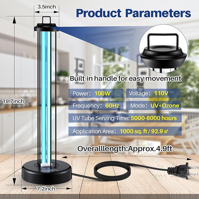 Qualirey 100W UV Light Sanitizer with Ozone Purifier for Room, UV Lamp with 3 Gear Timer Remote Control, Home Disinfection Device for Large Space, Disinfection Faster and More Thoroughly