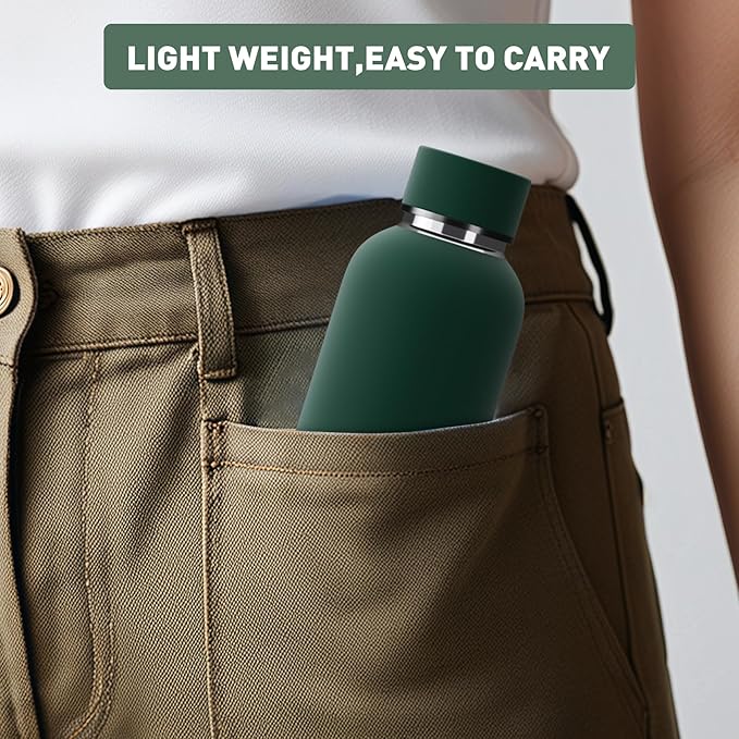 Exllena Small Water Bottle 12oz with Clip, Double Wall Stainless Steel Vacuum Small Insulated Water Bottle Keeps Drinks Cold 24 Hrs/Hot 12 Hrs for Kids Handbag School BPA Free (Emerald Green)
